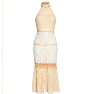 Foxiedox Amelia Lace Halter Midi Dress L Cream Ivory Cottagecore Romantic Boho